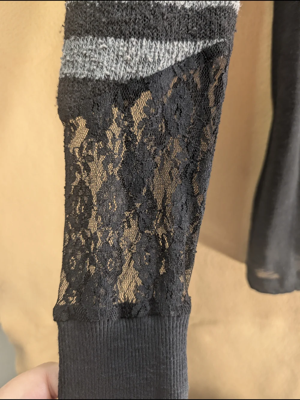 BKE Black Long-Sleeve Top with Silver Stripe Lace Cuffs